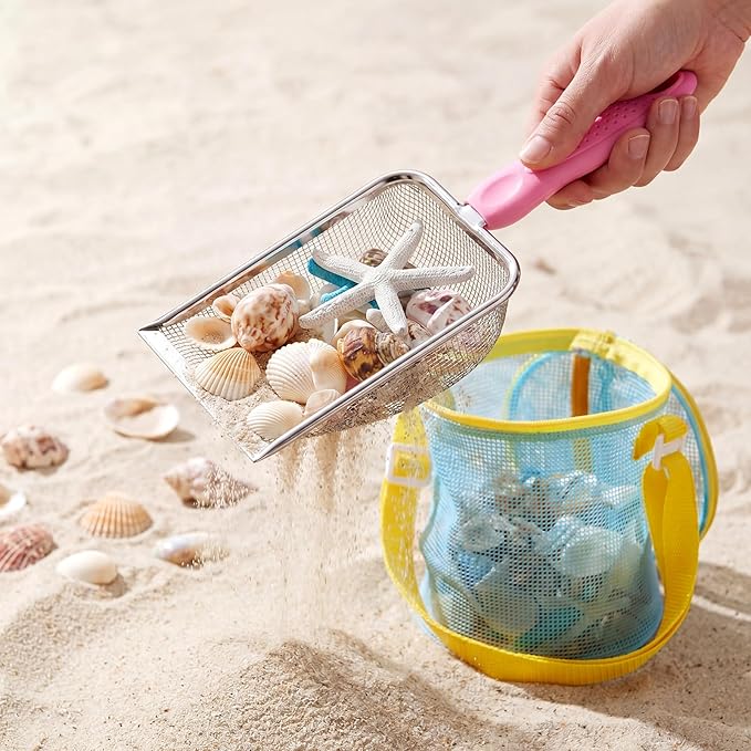 8 Pcs Sand Sifter with Shelling Bags for Beach Mesh Shovel with Mesh Bag for Shell Collecting Shark Tooth Sifter Filter Sand Scooper for Picking up Shells Beach Essentials Vacation Tools
