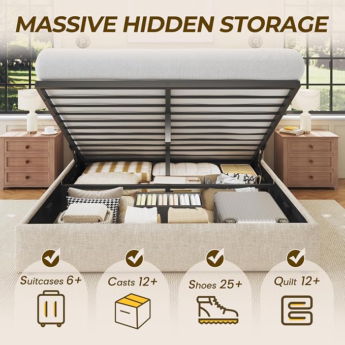 HISOFT Queen Size Lift Up Storage Bed Frame, Linen Upholstered Platform Bed with Wingback Headboard, Heavy Duty Hydraulic Gas Lift Underbed Space, Reinforced Full Metal Slats, Noise Free, Beige