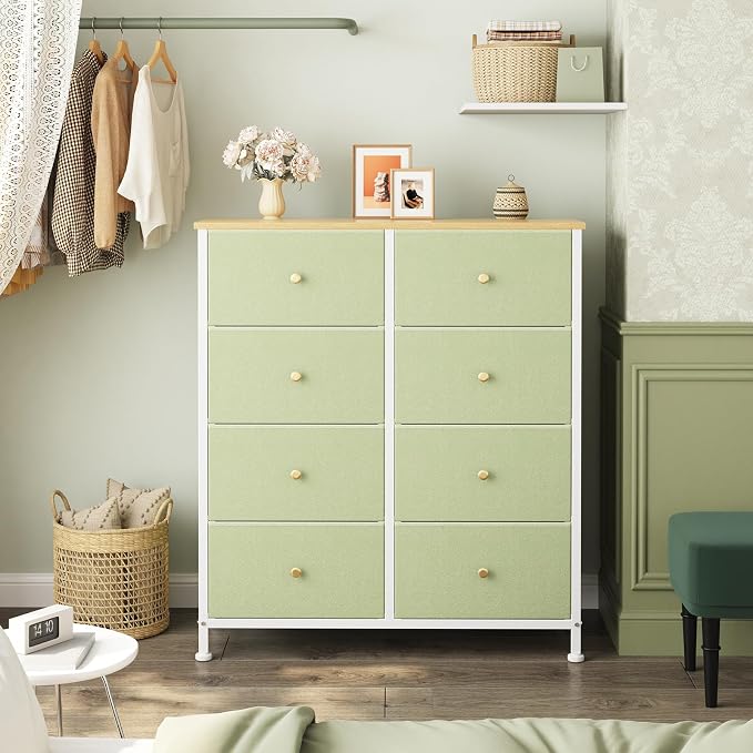 OLIXIS 8 Drawer Storage Dresser with Wood Top - Wide Fabric Chest Organizer for Bedroom, Closet, Living Room,Tower Cabinet, TV Stand, Hallway Entryway Furniture, Light Green