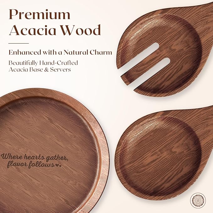 SoulThink® Golden Ratio Extra Large Crystal Glass Salad Bowl Set - Hosting Essentials Salad Serving Bowl with Acacia Wooden Salad Servers and Base, Dinner Party Must Haves for All Occasions