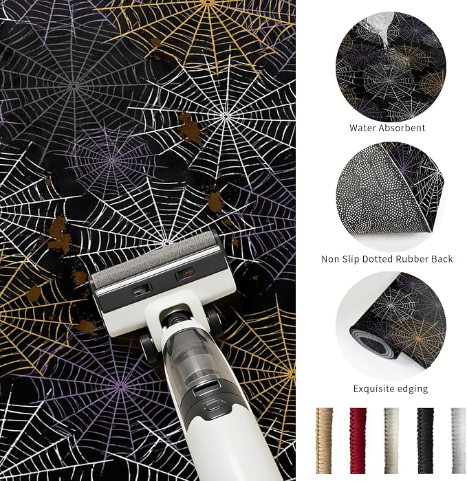 Area Rug 3'x5', Black Halloween Washable Large Area Rugs for Kitchen Bedroom Laundry Bathroom Office, Purple White Yellow Net Classic Black Non Slip Door Mat Indoor Entryway Floor Accent Throw Carpet
