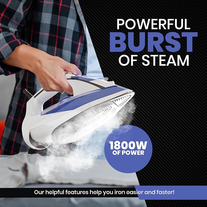 Utopia Home Steam Clothes Iron - 1800W (White Blue) Non-Stick Soleplate | Nonstick Soleplate With Auto-Off Safety Feature - Adjustable Thermostat Control, Variable Steam Control, Self-Clean, 8ft Cord