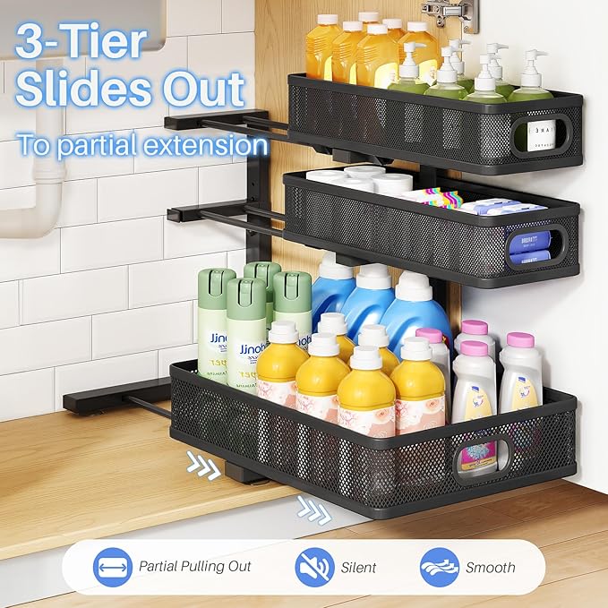 Under Sink Organizer, 1-Pack 3-Tier Thickened Metal Pull out Cabinet Organizer Shelf, Height Adjustable Slide out Storage Drawer Rack for Kitchen Bathroom Pantry Laundry Home Office Organization