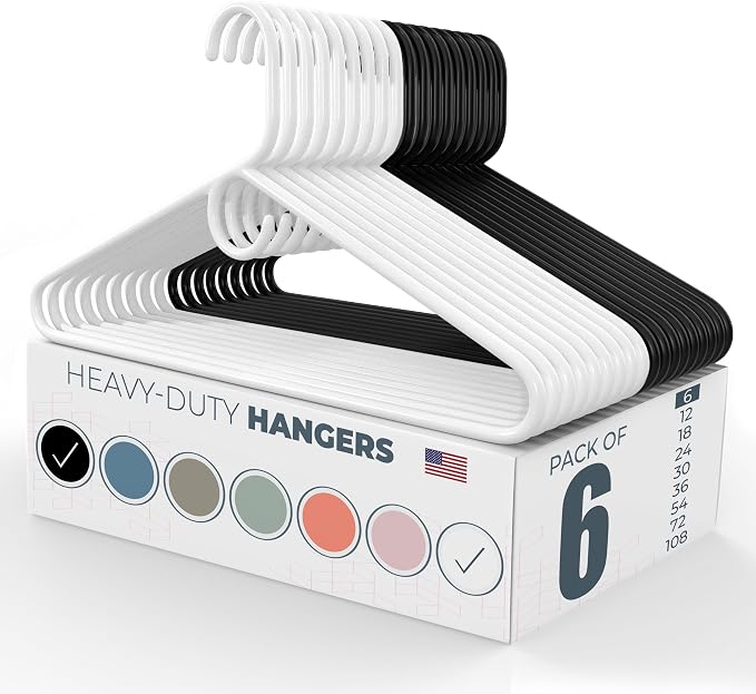 Heavy Duty Clothes Hangers 6 Pack – Made in the USA – 8lb Capacity Plastic Hangers for Adult Clothing – Durable for Pants, Coats, Jackets, or Jeans – White & Black