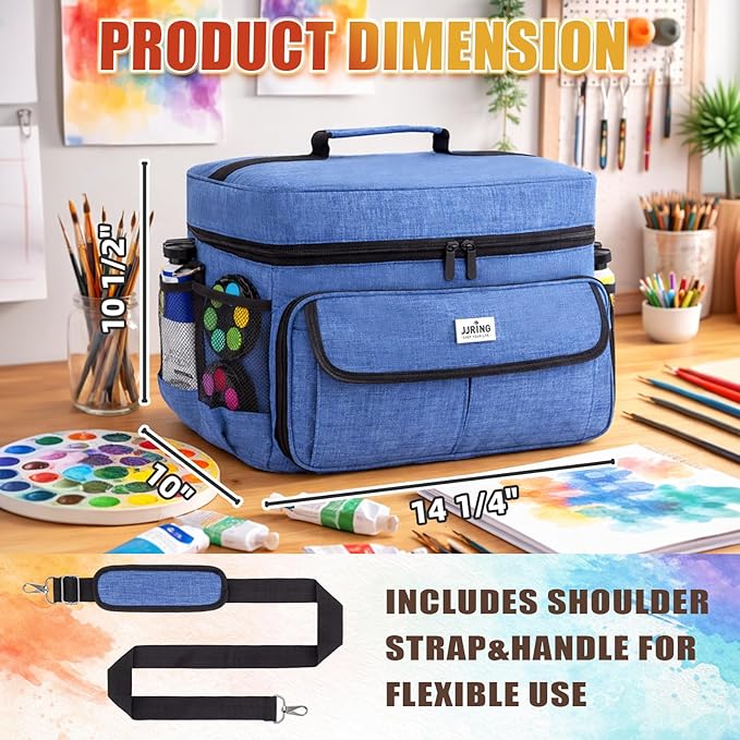 JJRING Versatile Acrylic Paint Organizer Bag With Adjustable Dividers For Multi-Size Bottles, Art Supply Storage Case Features 12-Slot Brush Holder & Clear Zipper Pocket, Travel Craft Tote(Blue)