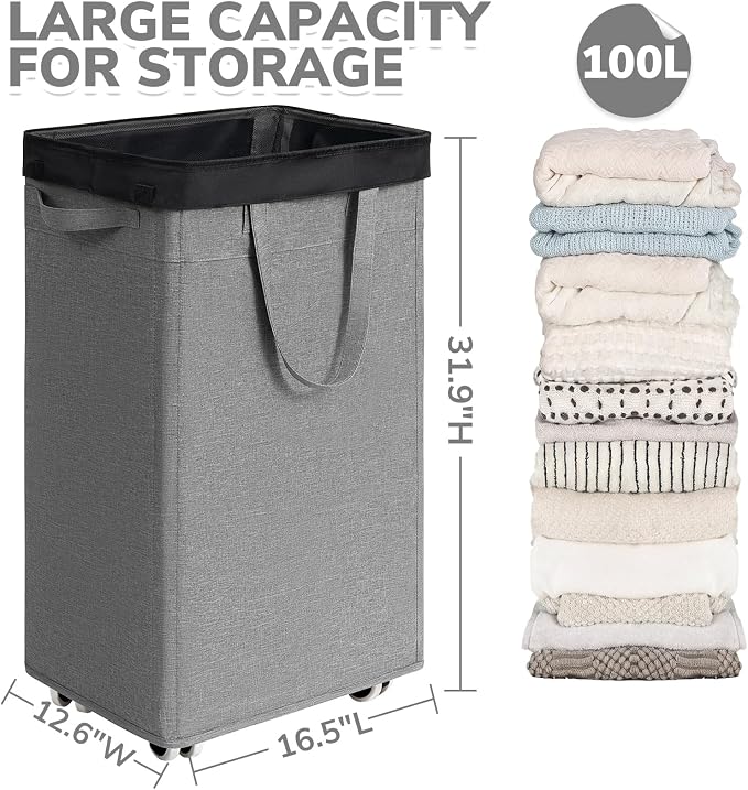 CHICVITA 100L Laundry Basket with Wheels, Slim Laundry Hamper with Removable Wash Bag for Bedroom, Clothes Hampers for College Dorm, Light Grey