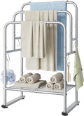 ELYKEN 40" H Freestanding Towel Rack with Shelf, 3 Tier Towel Stand, Silver | Metal Drying Rack for Oversized Bath Towels & Blankets, 4 Hooks, Indoor & Outdoor Use, Fits Bathroom, Tub, Shower, Poolside