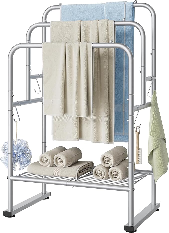 ELYKEN 40" H Freestanding Towel Rack with Shelf, 3 Tier Towel Stand, Silver | Metal Drying Rack for Oversized Bath Towels & Blankets, 4 Hooks, Indoor & Outdoor Use, Fits Bathroom, Tub, Shower, Poolside