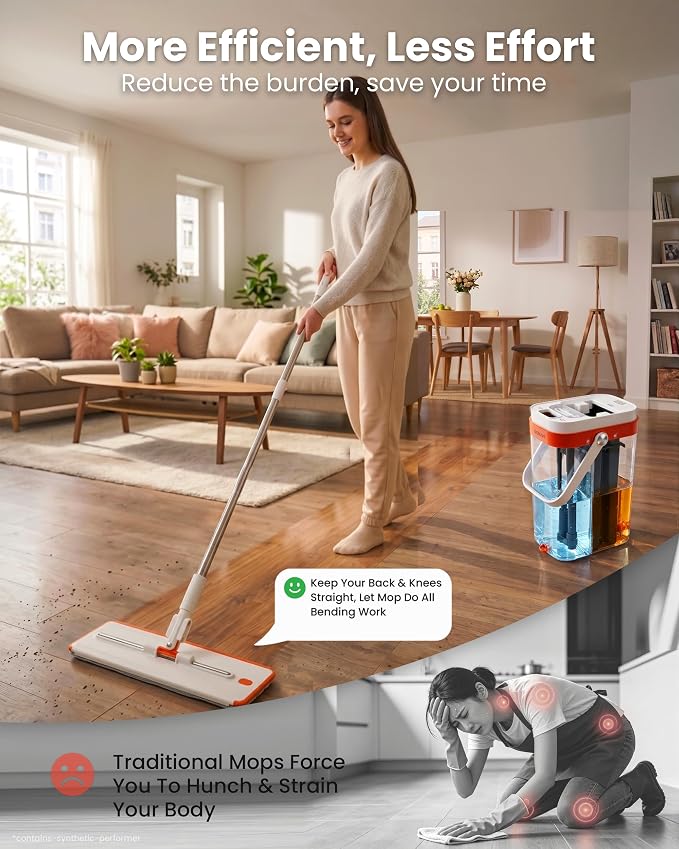 SOPAMI 3-Tank Flat Mop and Bucket System with Wringer | 53.54" Height, 4 Washable Pads. Separates Dirty & Clean Water for Hygienic Cleaning on Hardwood, Tile, Vinyl & Walls.