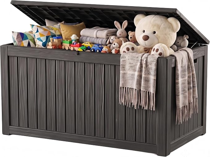 Outdoor Storage Box, 360 Gallon Waterproof Resin Deck Box with Support Rod | UV Resistant Lockable Package Delivery Bin, Shoe, Patio & Garden Tools Storage, Toy Cabinet, Ottoman, Indoor/Outdoor