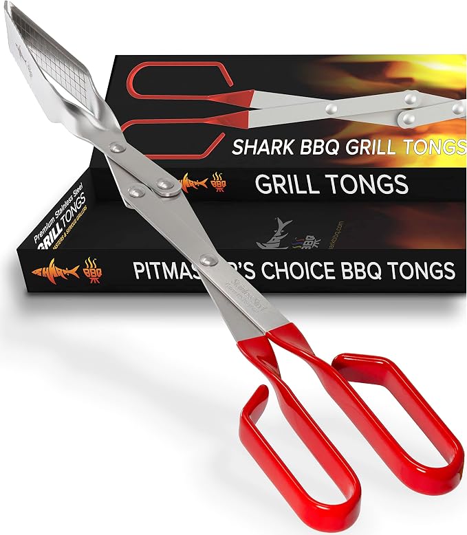 Steak Grill Tongs - 17 inch Red. Professional outdoor grilling utensil. Long reach Barbeque Grilling Tongs. Ideal for steak, fish, burger, and sausage