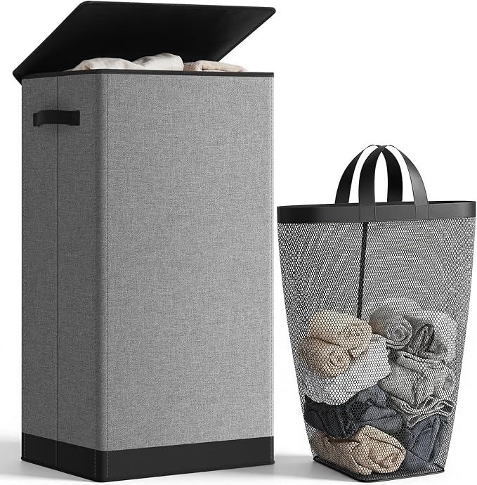 SOLEDI Laundry Hamper with Lid 100L Large & Tall Collapsible Laundry Basket, Clothes Hamper with Bag Removable Easy to Carry, Dirty Hampers for Bedroom, Bathroom, Dorm, College, Grey