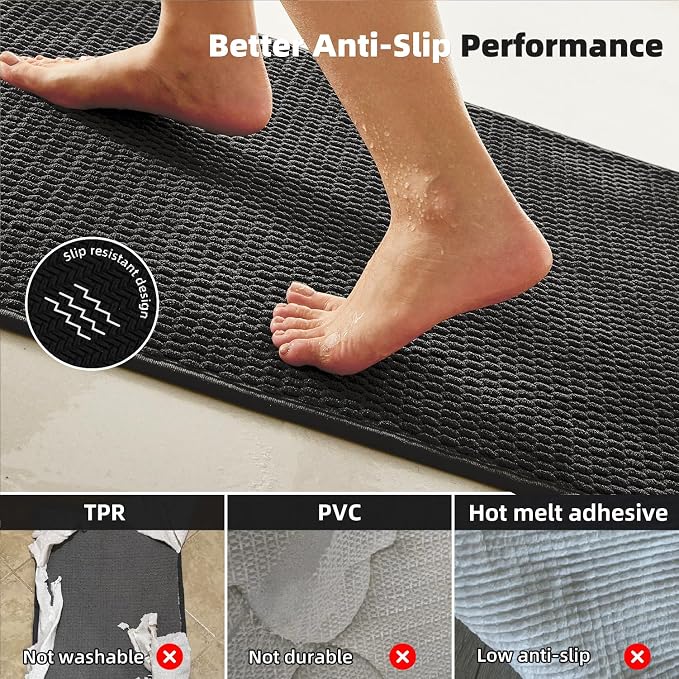 TYUU Black Bathroom Runner Rugs, Long Bath Mat Runner Washable Thin Quick Dry Low Pile Bathroom Runner Rugs Non Slip, Black 16''x60''