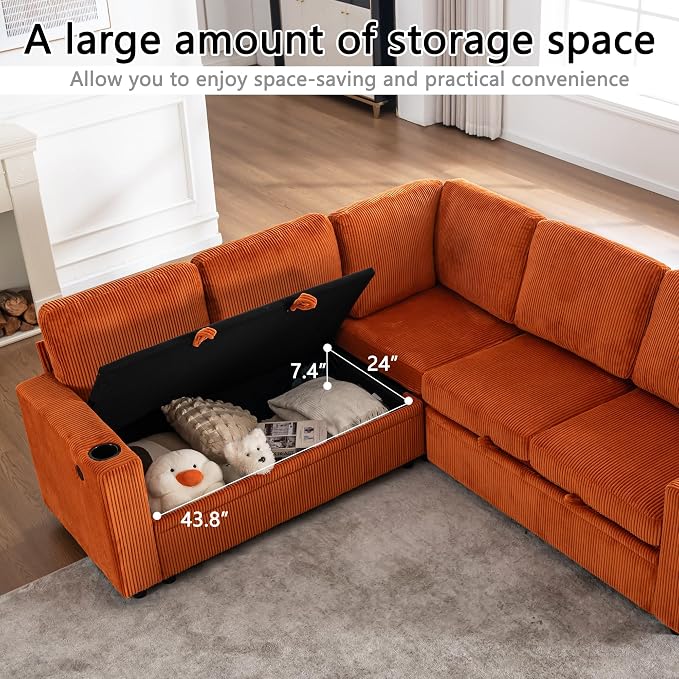 L-Shaped Sectional Sleeper Sofa with Pull Out Bed, Orange | Plush Corduroy Modular Couch with Storage, USB Charging, Cup Holders – Cozy Cloud Couches for Living Room, Easy Assembly