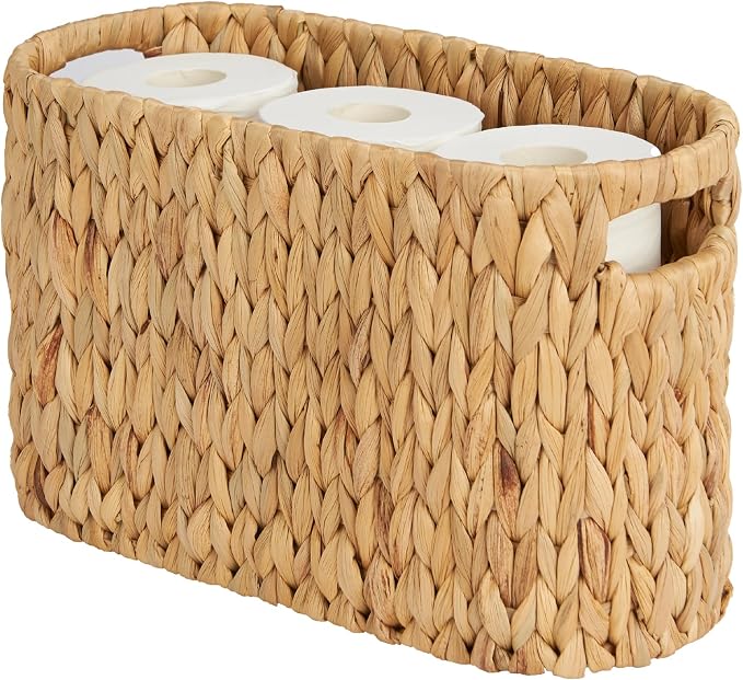 Toilet Paper Storage Basket, Water Hyacinth Wicker Storage Holder for 6 Rolls Toilet Paper with Built-in Handles