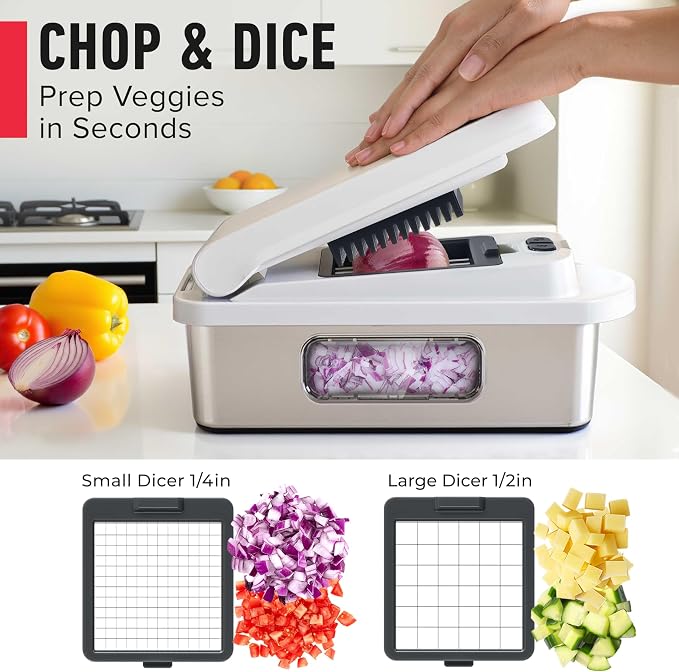 MUELLER HOME Pro-Series 10-in-1, 8 Blade Stainless Steel Multi Vegetable Chopper And Mandoline Slicer, Kitchen Accessories and Essentials, Food and Veggie Chopper, Mincer, Dicer, White Sand/Grey