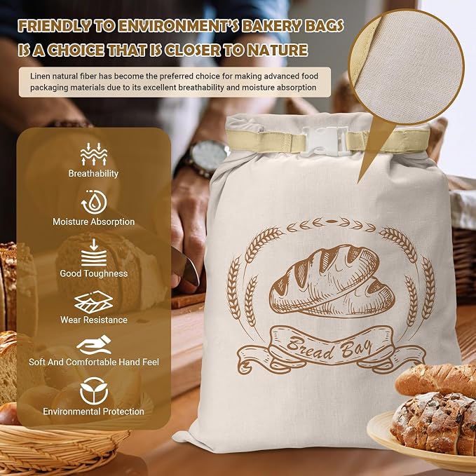 Large Linen Beeswax Bread Bags(2 Pack) Sourdough Bread Bags Reusable Double-Lock Freezer Baking Container Gift Giving for Homemade,Loaf,Sourdough,Food Storage (Artisan Bread Sketch Print, 2Pack)