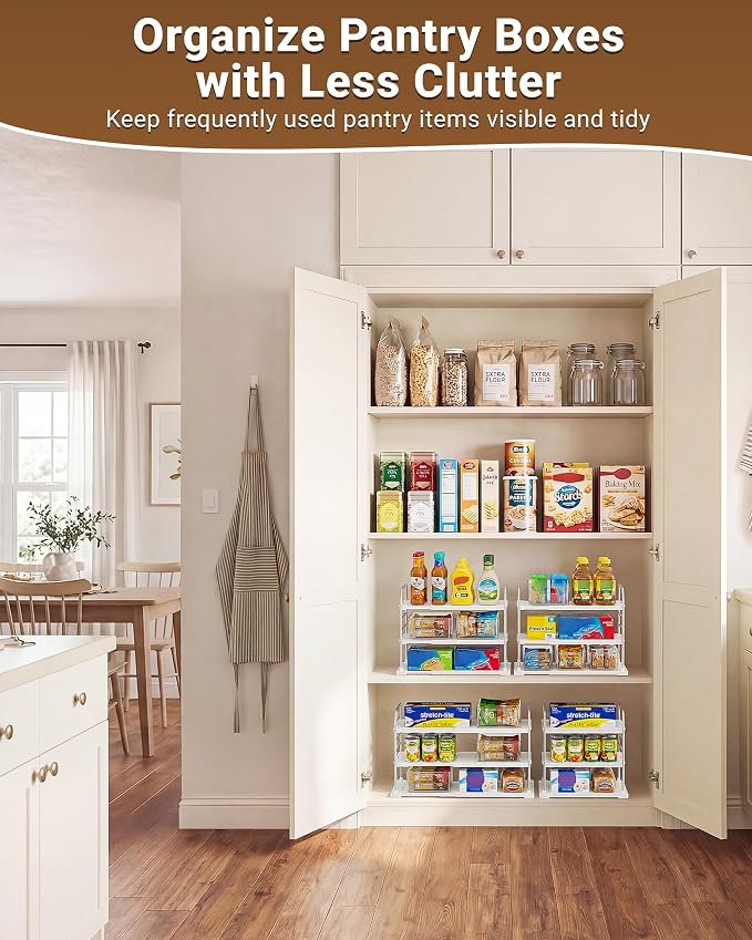 EVERIE Extendable 3-Tier Kitchen Cabinet & Pantry Organizer for Plastic Wrap, Foil & Storage Bags, Adjustable Heavy Duty Shelf Rack for Wrap Boxes, Jars & Snack Boxes (11–16.7 in Wide), Pack of 2