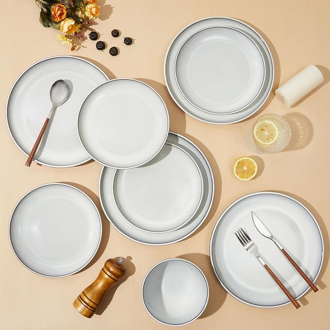 Pokini 24 Piece Stoneware Dinnerware Set for 8, Moonstone White Plates and Bowls Set, Reactive Glaze Ceramic Dish Set, Durable & Chip Resistant, Modern Rustic Look, Microwave & Dishwasher Safe