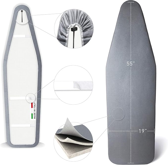 TIVIT Ironing Board Cover 19 x 55” – Made in Italy, Alumitek PRO Heat-Reflective, Thick 4-Layer Padding, Scorch & Stain Resistant