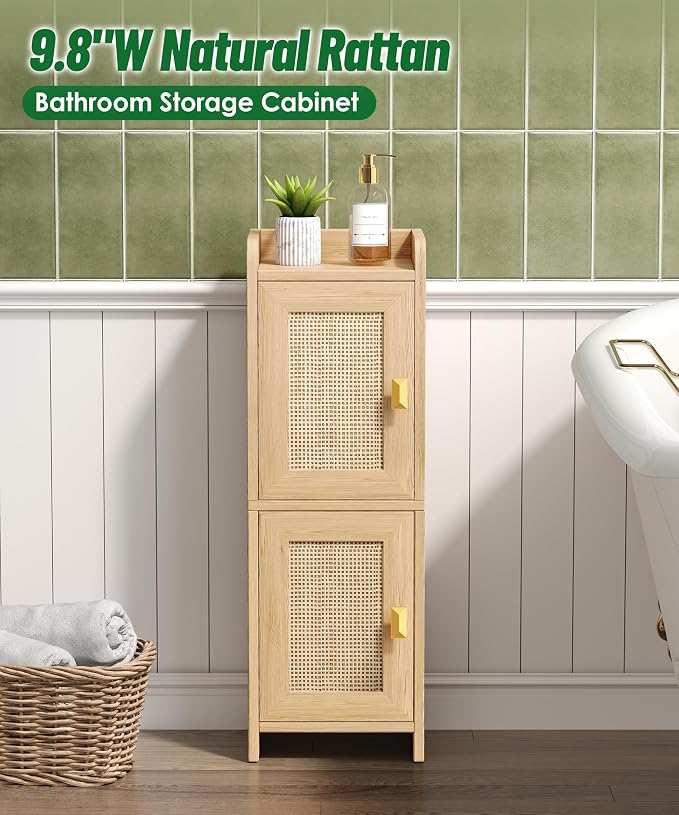 Akxomel Rattan Small Bathroom Cabinet Narrow Toilet Paper Organizer Oak | 7.9''D x 9.8''W Bathroom Organizer and Storage Cabinet for Small Space, Slim Corner Unit with Adjustable Shelf
