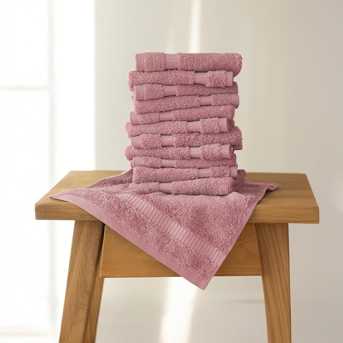 SALBAKOS 12-Piece 100% Turkish Cotton Washcloths and Face Towels, Rose | 13x13 in Standard Size Small Towel, Multi-use Bathroom & Kitchen, Thick Super Soft Absorbent Durable, Oeko-Tex Made in Turkey