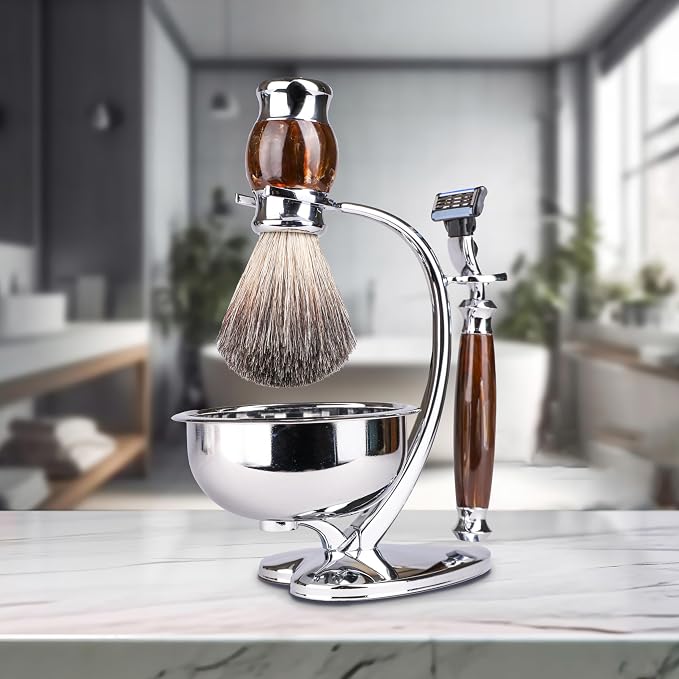 Deluxe Shaving Set for Men - 3-Layer Safety Razor with Badger Hair Brush,Soap Bowl & Magnetic Stand,Grooming Kit for Wet Shaving,Gift for Dad,Father’s Day,Birthday