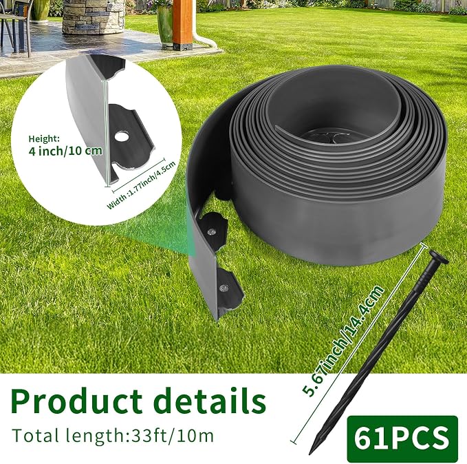 AggFencer Landscape Edging 4in Garden Edging Borders No Dig 33ft | Flexible Landscaping Edging Kit for Flower Bed Lawn Yard Grass Gray with 61 Pcs Spikes
