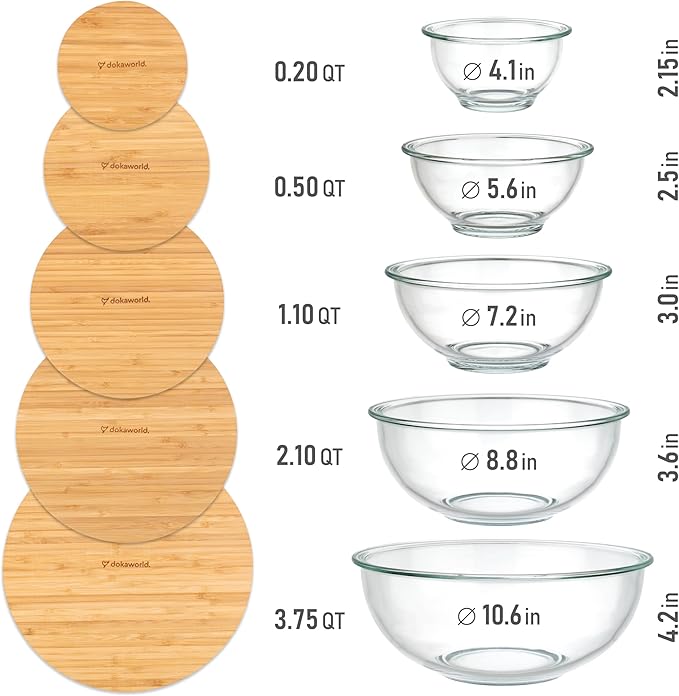 Stackable Space-Saving Set of 5 Nesting Glass Bowls with Bamboo Lids for Foodprep, Storage, Baking, Mixing & Cooking, Microwave & Oven Safe BPA Free Heat Resistant Inert Borosilicate Glass
