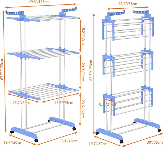 HOMIDEC Clothes Drying Rack, Large 4-Tier Foldable Drying Rack Clothing (67.7H x 19.7W x 30L Inches), Movable with 4 Castors. Multifunctional Stainless Steel Laundry Drying Rack, Blue