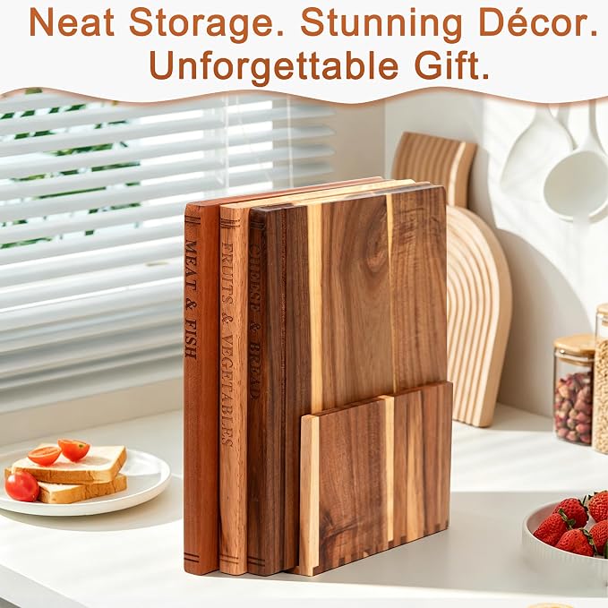 Book Cutting Board Set of 3 – Newly Upgraded and Thickened Chopping Boards Premium Acacia, Ebony & Rubberwood，with Display Stand，Ideal Gift & Kitchen Decor