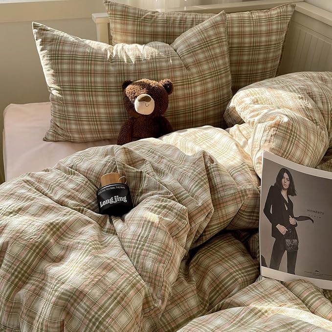 mixinni Full Size Duvet Cover Set - 3 Piece Washed Cotton Vintage Geometric Plaid Bedding Set with Zipper Closure, Soft & Breathable Green Pink White Buffalo Check Pattern for All Seasons