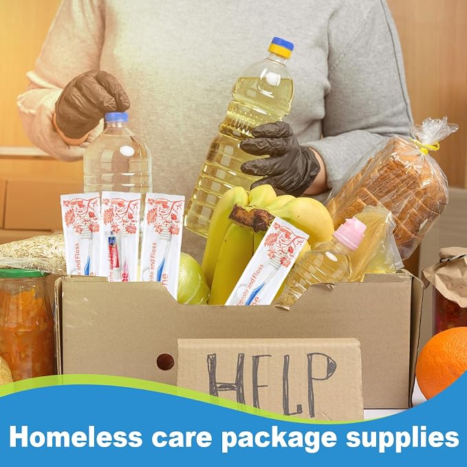 FoldTier 200 Sets Disposable Toothbrushes with Toothpaste and Floss Bulk Individually Wrapped 10g Toothpaste Homeless Hygiene Kit Bulk Homeless Care Package Supply for Travel Shelter (Light Blue Pink)