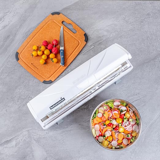 Restaurantware-Chef 101 Food Wrap Dispenser with Cutter, 1 Refillable Cling Wrap Dispenser - Fits 12” to 18” x 2000’ Rolls, Press Down and Cut, White Plastic Aluminum Foil, Sharp Blade
