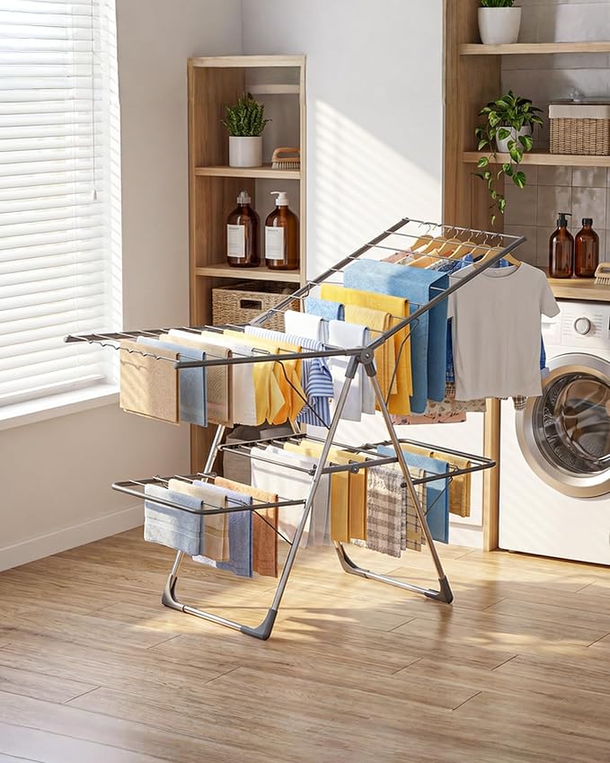 Sakugi Clothes Drying Rack, Foldable 2-Level Laundry Drying Rack with Height-Adjustable Wings, for Clothing & Bedding, Free-Standing Space-Saving Rack, Indoor & Outdoor, 55.5" L × 22.8" W, Gray