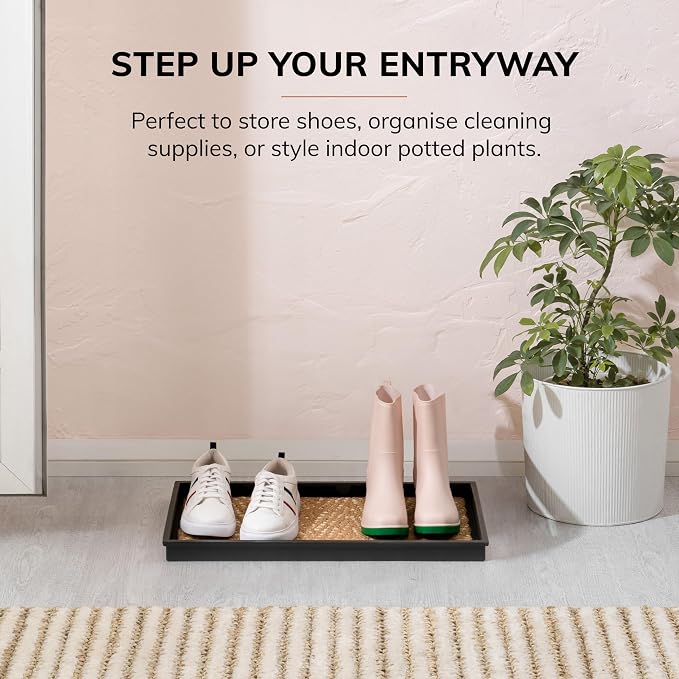 Anji Mountain Heavy Duty Waterproof Rubber Shoe Storage Mat Organizer/Boot Storage Tray Multi Use for Entryway with Coir, Tan and Khaki Insert, Fits 2 Pair (24.5" Wide)