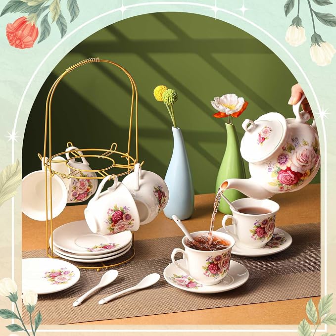 Zhehao 20 Pcs Porcelain Tea Set with Metal Holder and Spoon Adult Ceramic Tea Set European Flower Painting Teapot Cup Saucer Spoon for Women Mom Gift, Large Version (Modern Style)