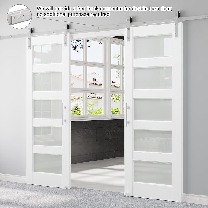 60" x 80" Pre-Assembled Double Barn Door and 12FT Sliding Door Hardware Kit Included, 5-Lites Frosted Glass White Sliding Barn Door for Closet Bathroom Bedroom, Solid & Water-Resistant MDF, Paintable