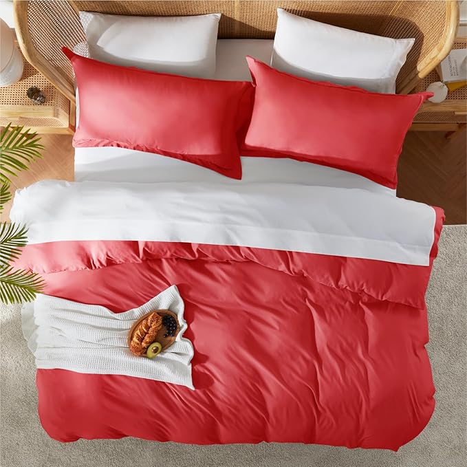 Nestl Red Duvet Cover Full Size - Soft Double Brushed Full Size Duvet Cover Set, 3 Piece, with Button Closure, 1 Duvet Cover 80x90 inches and 2 Pillow Shams