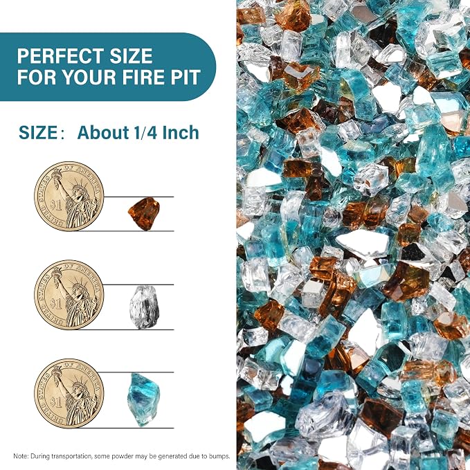 NUPICK 20 Pound Fire Glass, 1/4 Inch Reflective Fire Pit Glass | Fire Pit Rocks for Propane or Natural Gas, Glass Rocks for Fire Pit Table, Fireplace, Aqua Blue & Copper & Platinum Mix