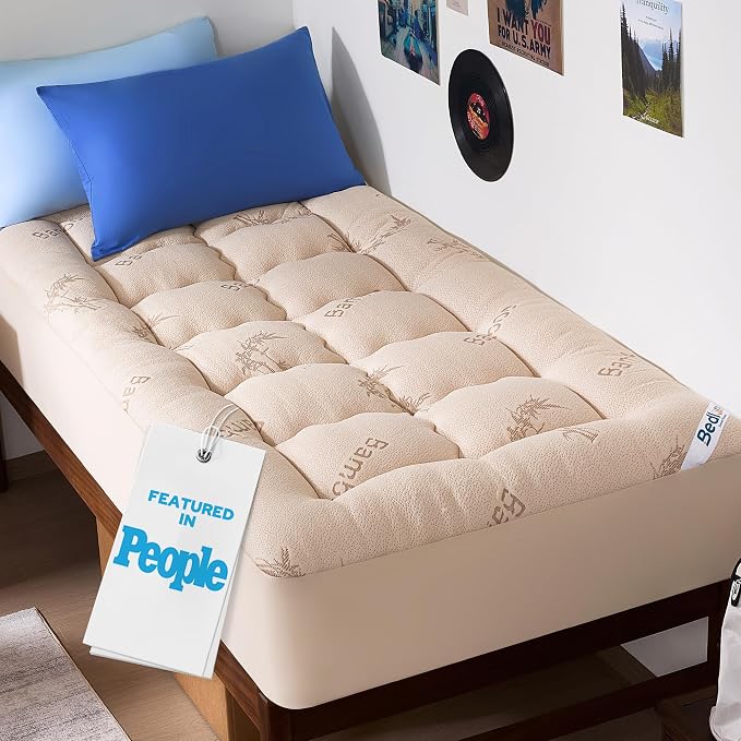 BEDLORE Twin XL Mattress Topper Viscose Derived from Bamboo, Thick Pillow Top Mattress Pad with Deep Pockets for 6-15 inches Mattress, Soft Mattress Topper College Dorm Size for Back Pain(Beige)