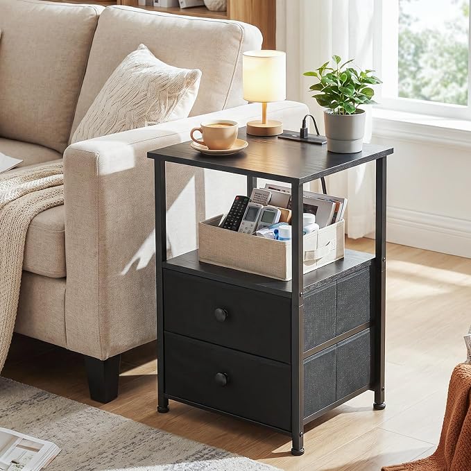 Night Stand, Nightstands Set of 2 with Charging Station | Bedside Table with 2 Fabric Drawers for Bedroom, End Tables with Storage Shelf for Small Spaces, Black