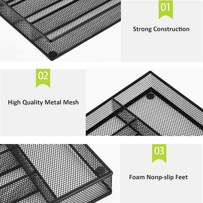 Neudeco Silverware Drawer Organizer, Black | 5 Compartment, Mesh Wire, Non-Slip Feet, Cutlery Tray