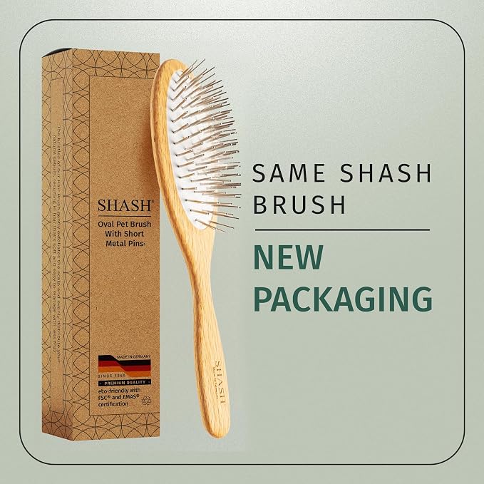 Since 1869 Hand Made In Germany - SHASH Oval Pet Brush With Long Metal Pins With Rubber Cushion - Helps Detangle Knots, Eliminate Frizz, Reduce Pulling & Snagging (Short Steel Pins)