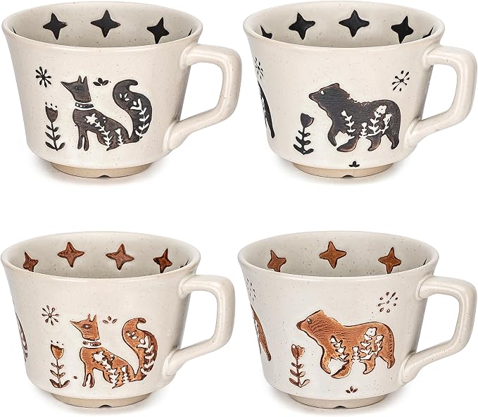 11 oz Ceramic Coffee Mug, Stoneware Teacup with Handle | Small Novelty Unique Cup for Tea Mocha Latte Cappuccino, Microwave Dishwasher Safe (Set of 4, Fox and Bear)