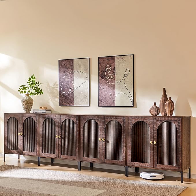 IFGET 123.5" W Modern Arched Sideboard Buffet Cabinet with Storage, Brown | Fluted Arch Sideboard Cabinet w/Adjustable Shelves, Wooden Modular Kitchen Cabinet for Dining& Living Room, Entryway