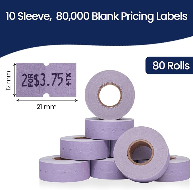 Perco 1 Line Lavender Labels - 80,000 Blank Price and Date Gun Labels for Perco Lite, X, Plus and Pro 1 Line Price and Date Guns - 80 Rolls, 10 Sleeves - Made in USA