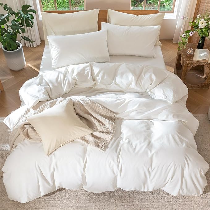 MooMee Bedding Duvet Cover Set 100% Washed Cotton Linen Like Textured Breathable Durable Soft Comfy (Solid Off White, King 104"x90") | Relaxed Linen-like Texture. Soft, Breathable & Long-lasting Comfort. Lightweight. Hidden Zipper with 8 Interior Corne...
