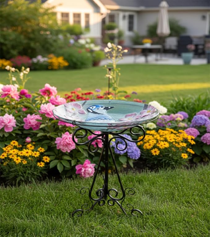 Large Glass Bird Bath with Metal Stand, Blue Jay | 18" Wide Bowl, 3.2" Bathing Depth, Thick Glass Construction, Stable 3-Leg Base, Easy Clean Surface, Garden Decor