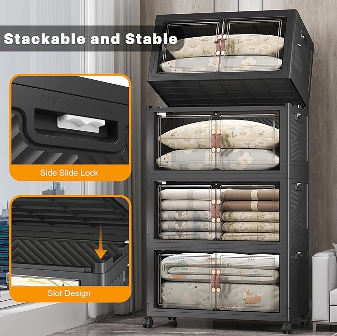 Stackable Storage Bins, 700QT Collapsible Drawers with 1 Lid | Large Capacity, Magnetic Door, Stack Lock, Rolling Wheels, Foldable Design, Organizers and Storage for Bedroom Dorm Garage
